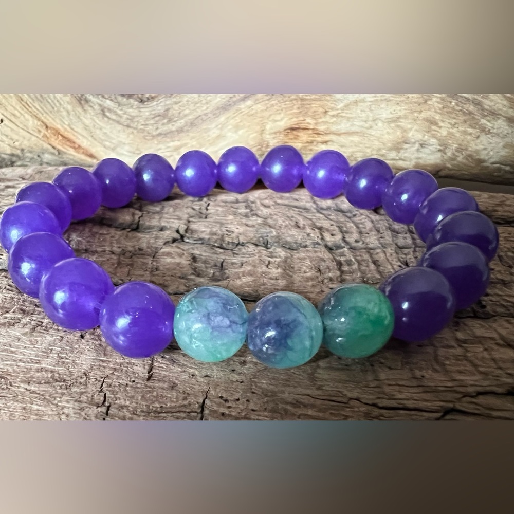 New Green Fluorite & Amethyst Bracelet Natural Stone Beaded Stretchy (8mm)